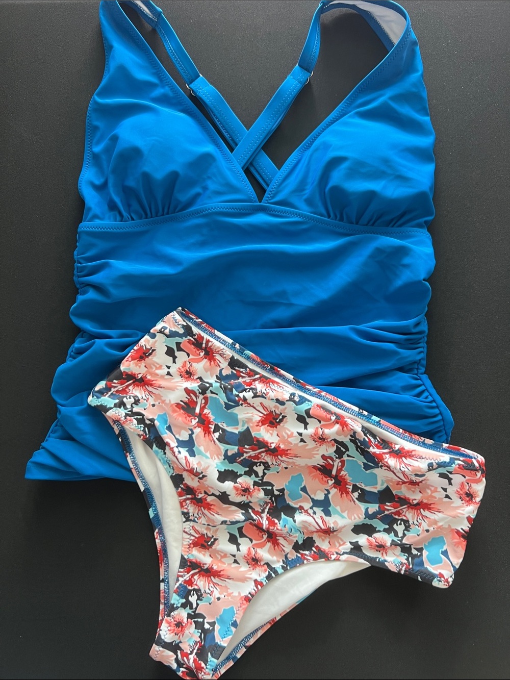 NWT Beachsissi Bright Blue Tankini Top w/ Floral Bikini Bottoms Size:Small